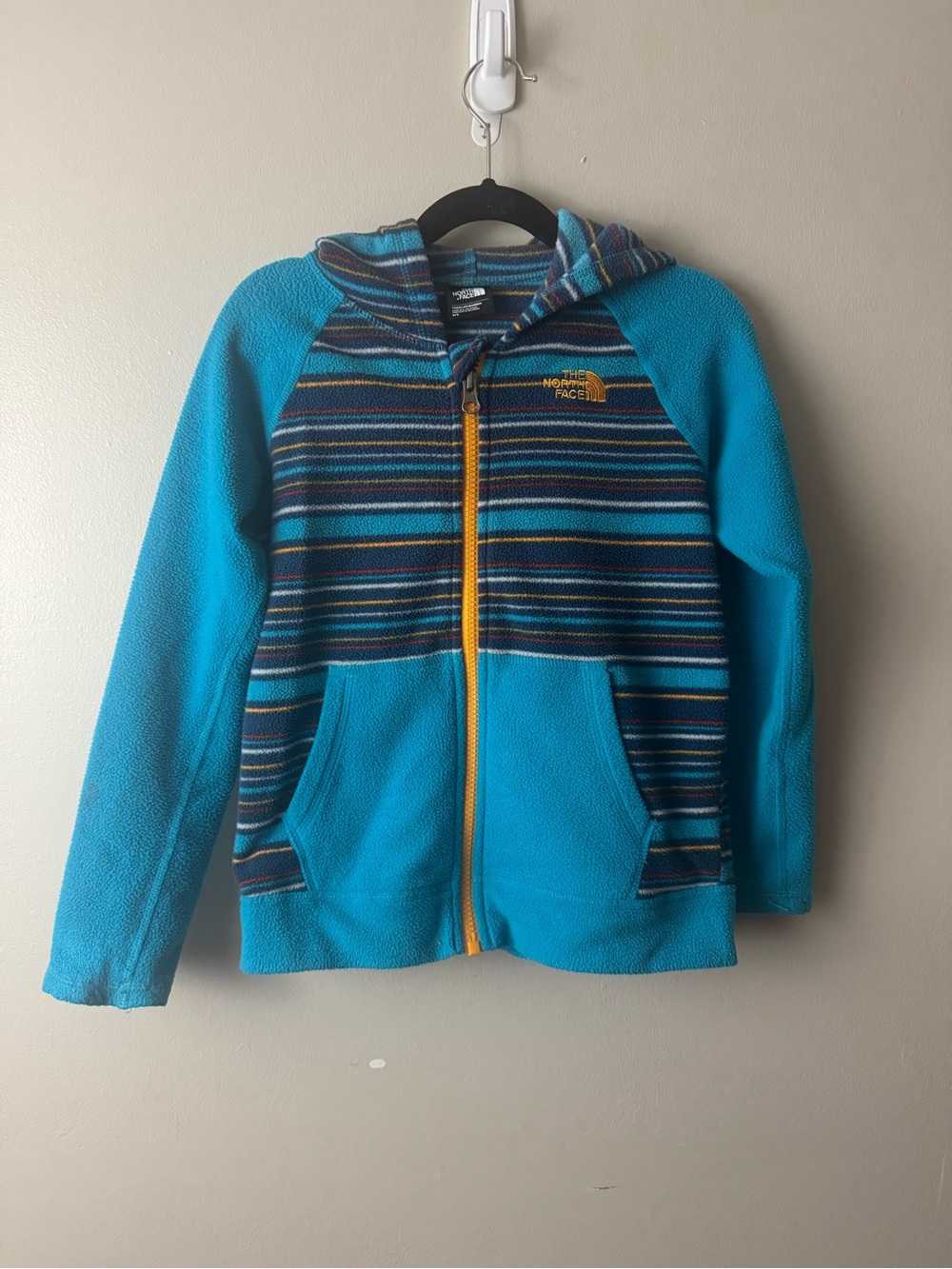The North Face Kids Turquoise Hooded Fleece with Striped Chest Size 6